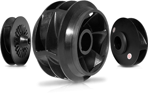 Three Simsite® composite impellers — closed, semi-open and open designs